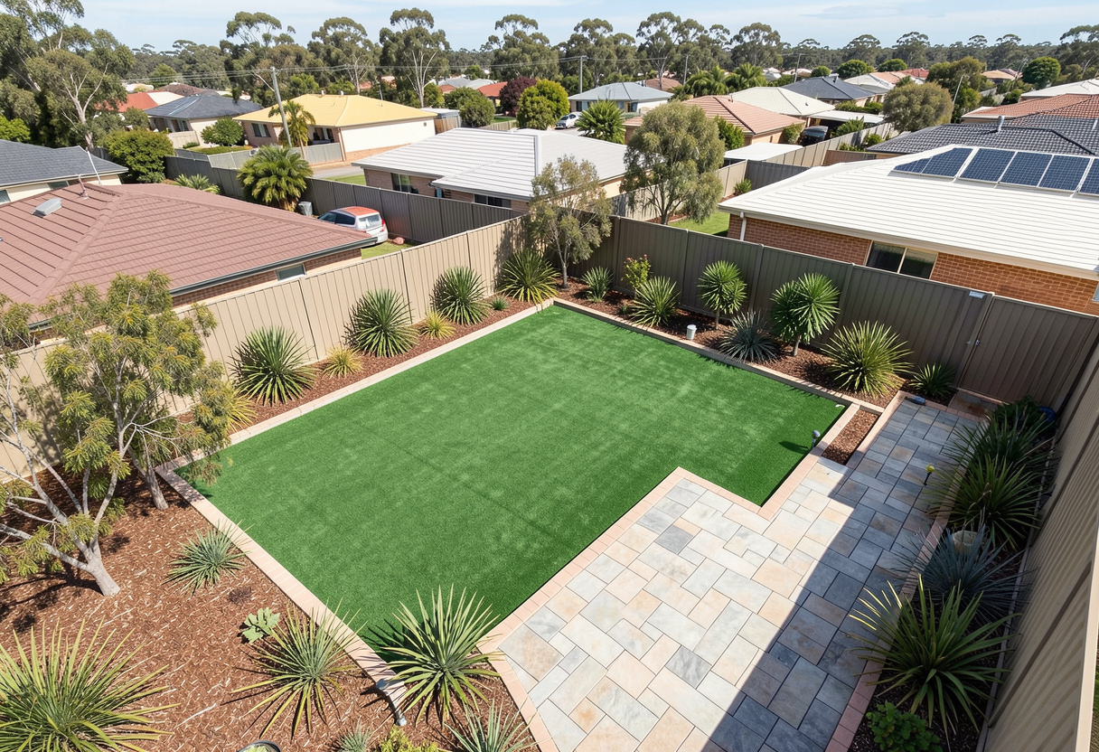 Aerial view of suburban Australian backyard in Rockhampton showing Artificial turf installation Aerial view of suburban Australian backyard in Rockhampton showing Artificial turf installation