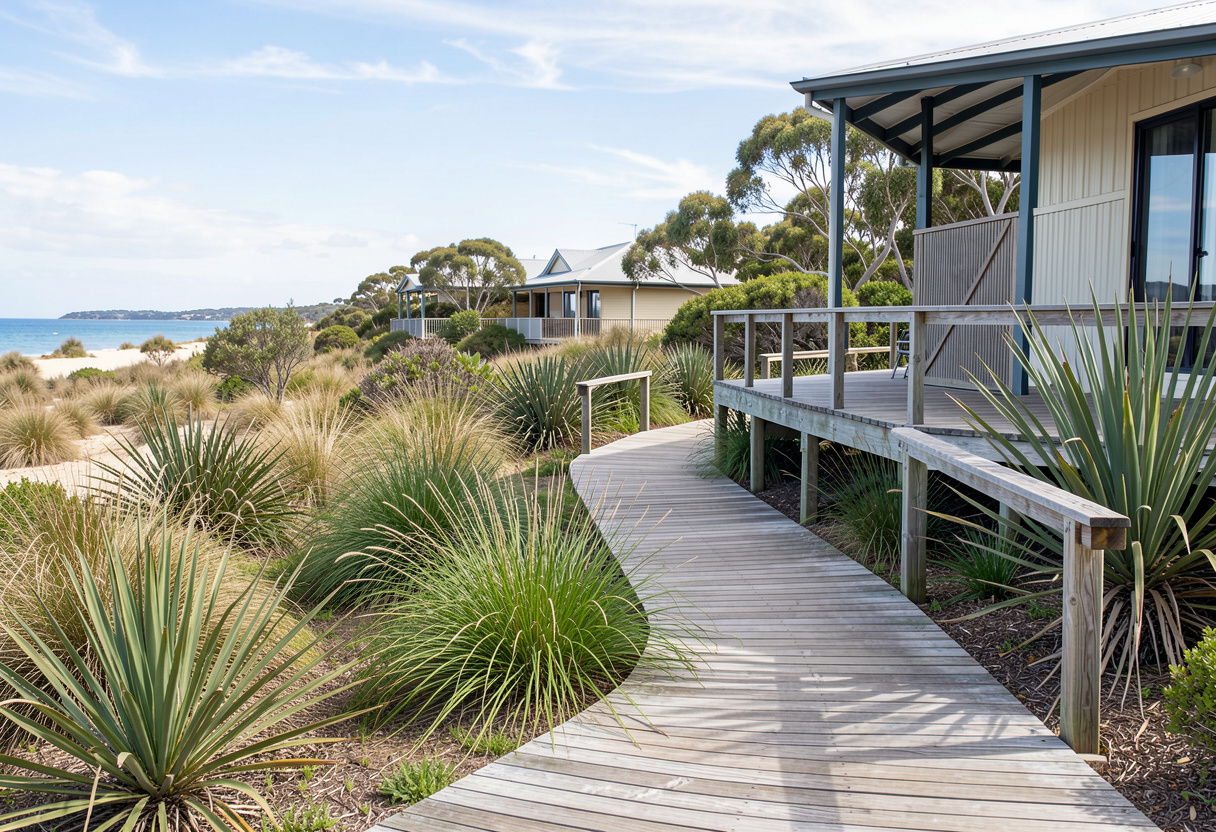 Elevated Beach house landscaping with composite timber boardwalk pathway Elevated Beach house landscaping with composite timber boardwalk pathway