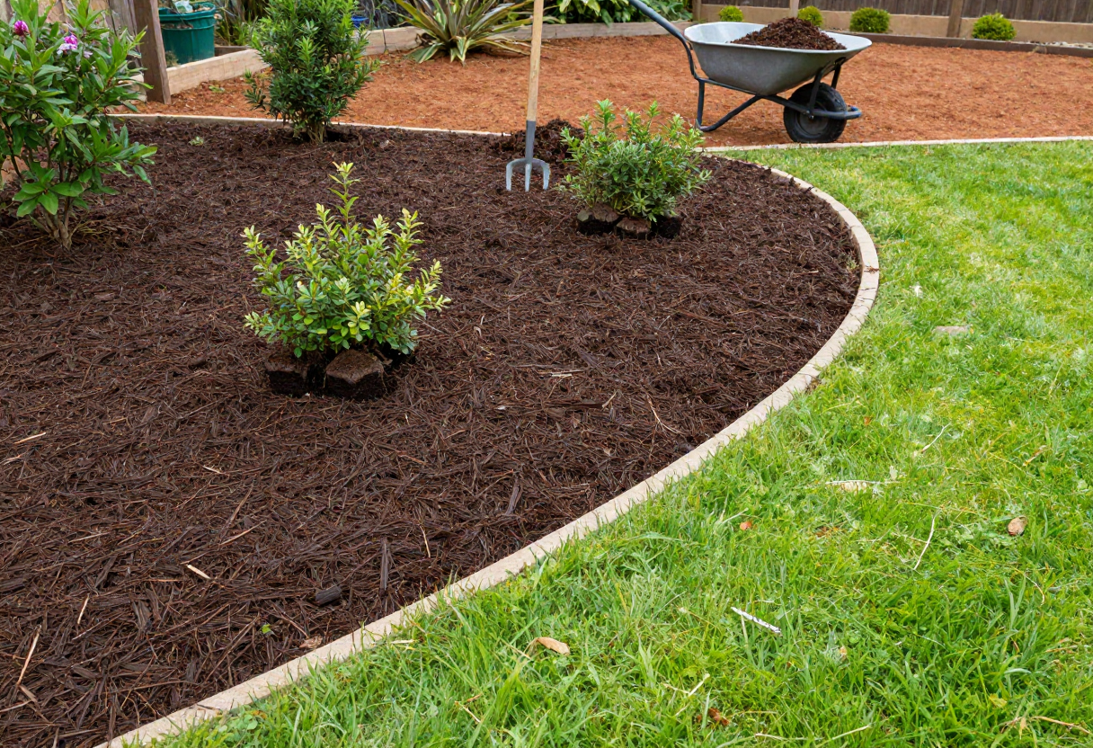 Garden makeover showing freshly applied dark hardwood mulch Garden makeover showing freshly applied dark hardwood mulch
