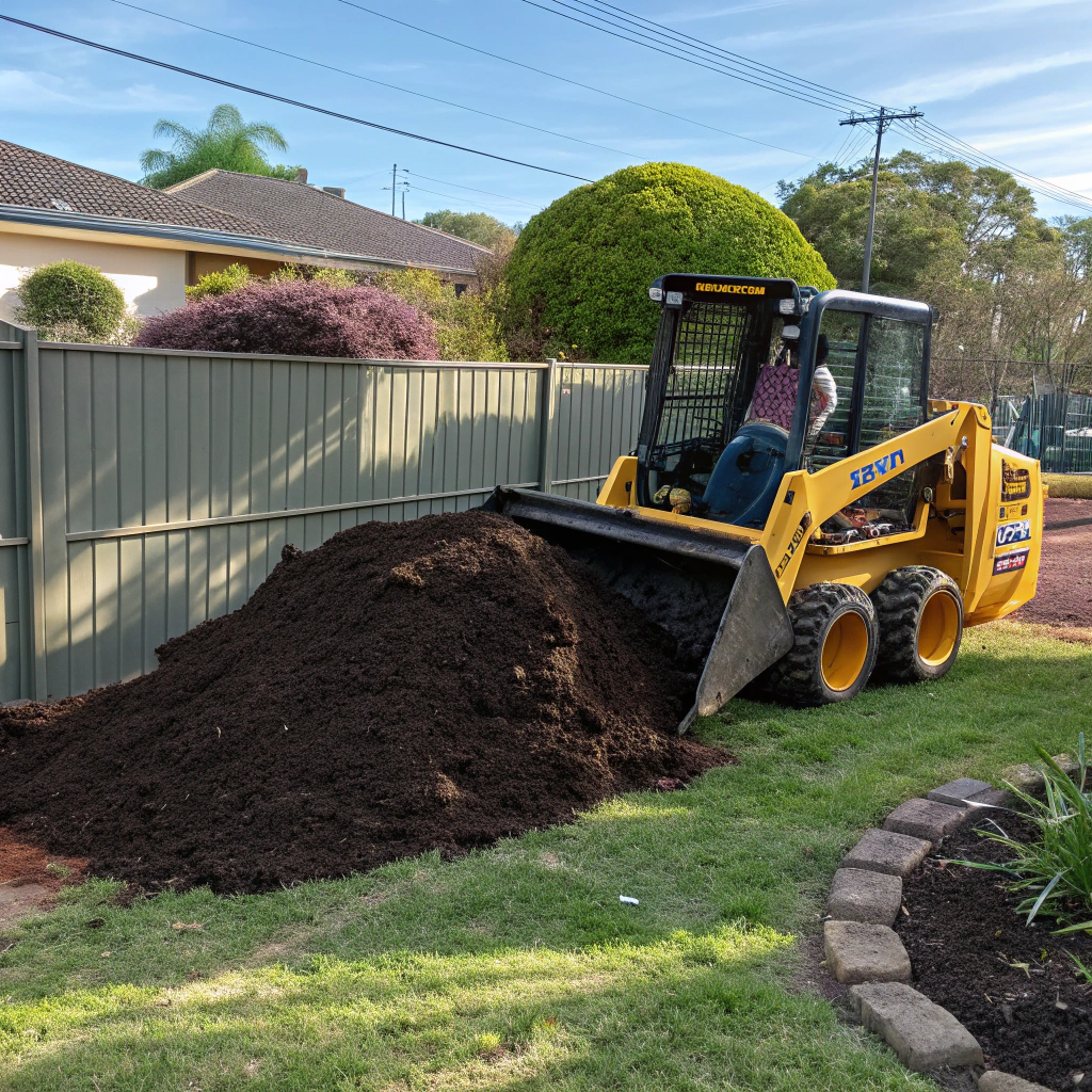 Bobcat spreading premium topsoil for new lawn preparation in Rockhampton backyard