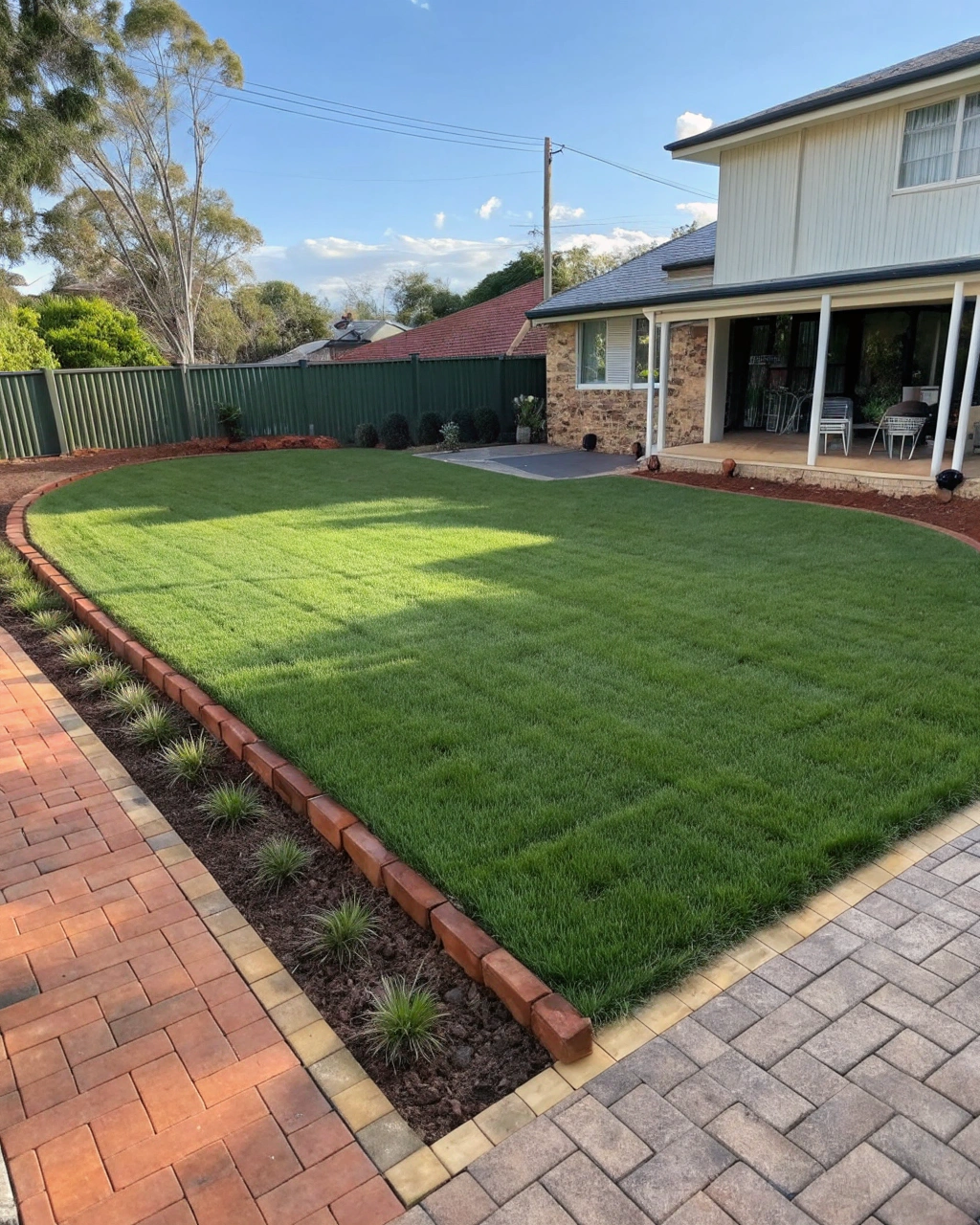 Freshly installed Buffalo grass lawn with brick pattern laying in Rockhampton backyard