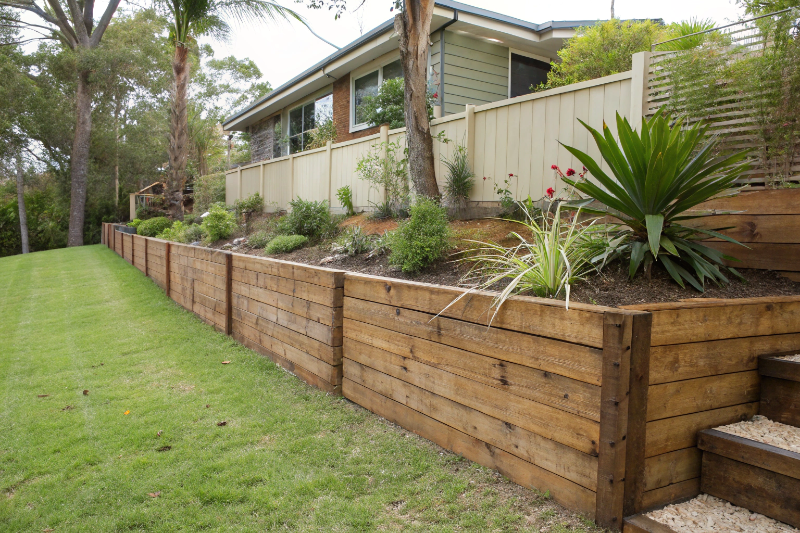 Completed timber sleeper garden bed retaining wall in Rockhampton residential property with native plants
