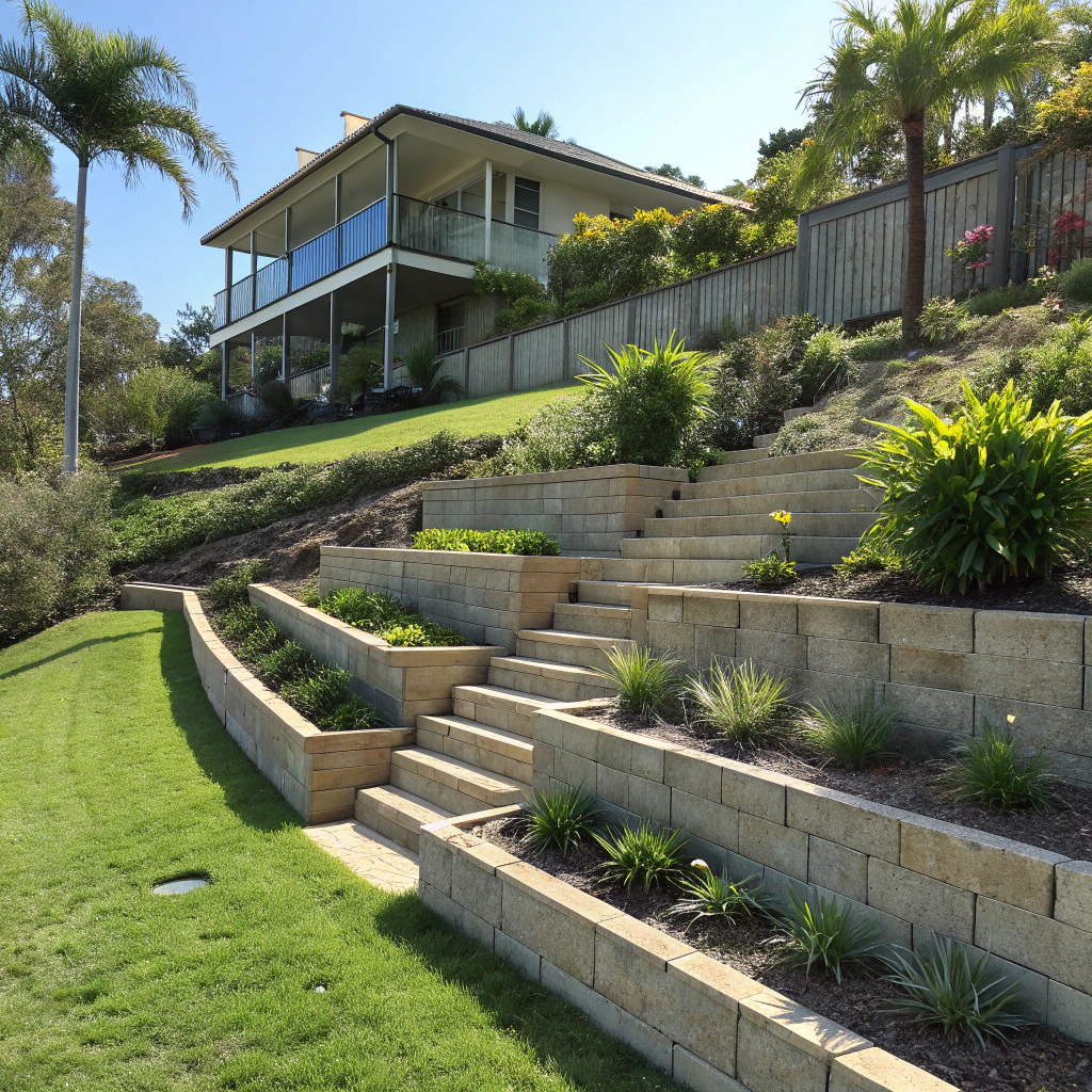 Four-tier garden terracing with concrete sleeper retaining walls in Rockhampton backyard