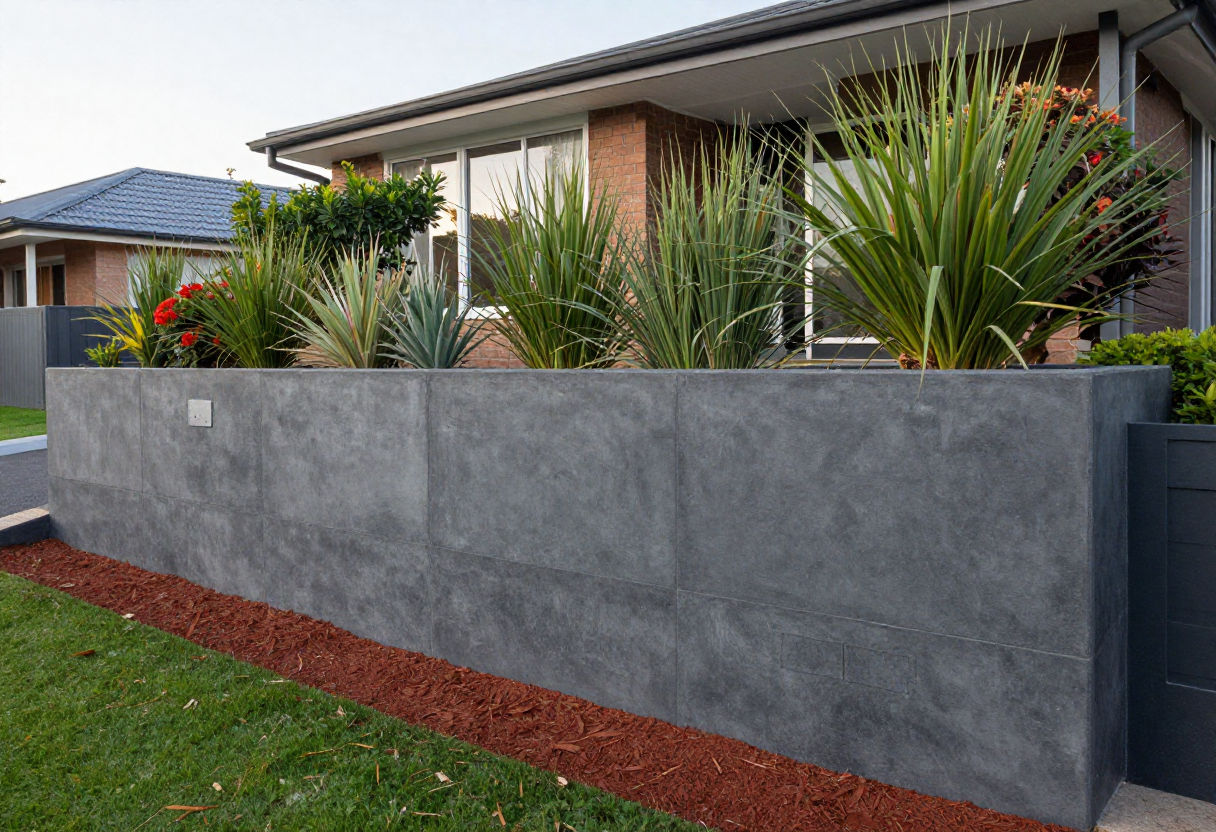 modern charcoal gray concrete sleeper retaining wall