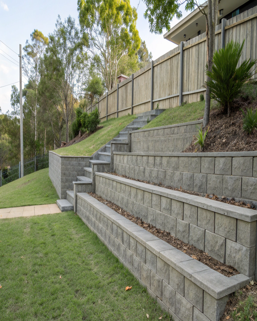 Multi-tier concrete sleeper retaining walls creating terraced levels on sloping block Rockhampton