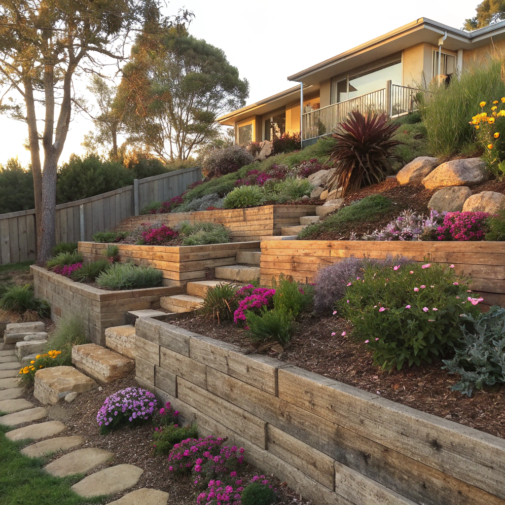 Ornamental terraced garden with native plants and timber sleeper walls in Rockhampton