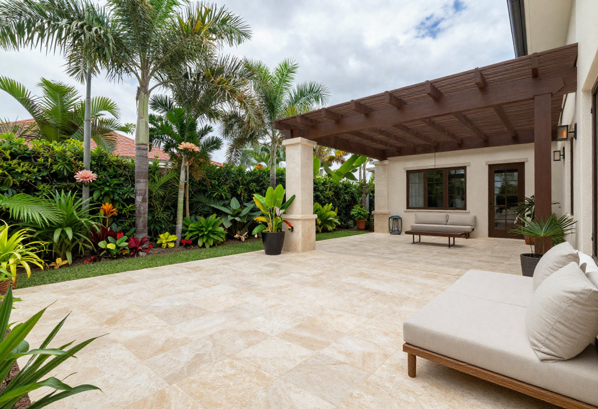 outdoor patio paving area with cream travertine