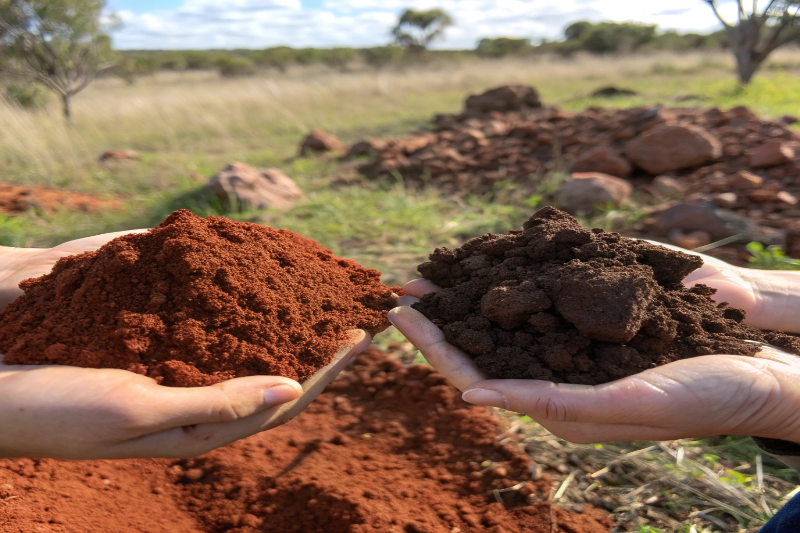 red-clay-soil-vs-premium-topsoil-comparison Comparison between Rockhampton's red clay soil and premium screened topsoil showing texture difference