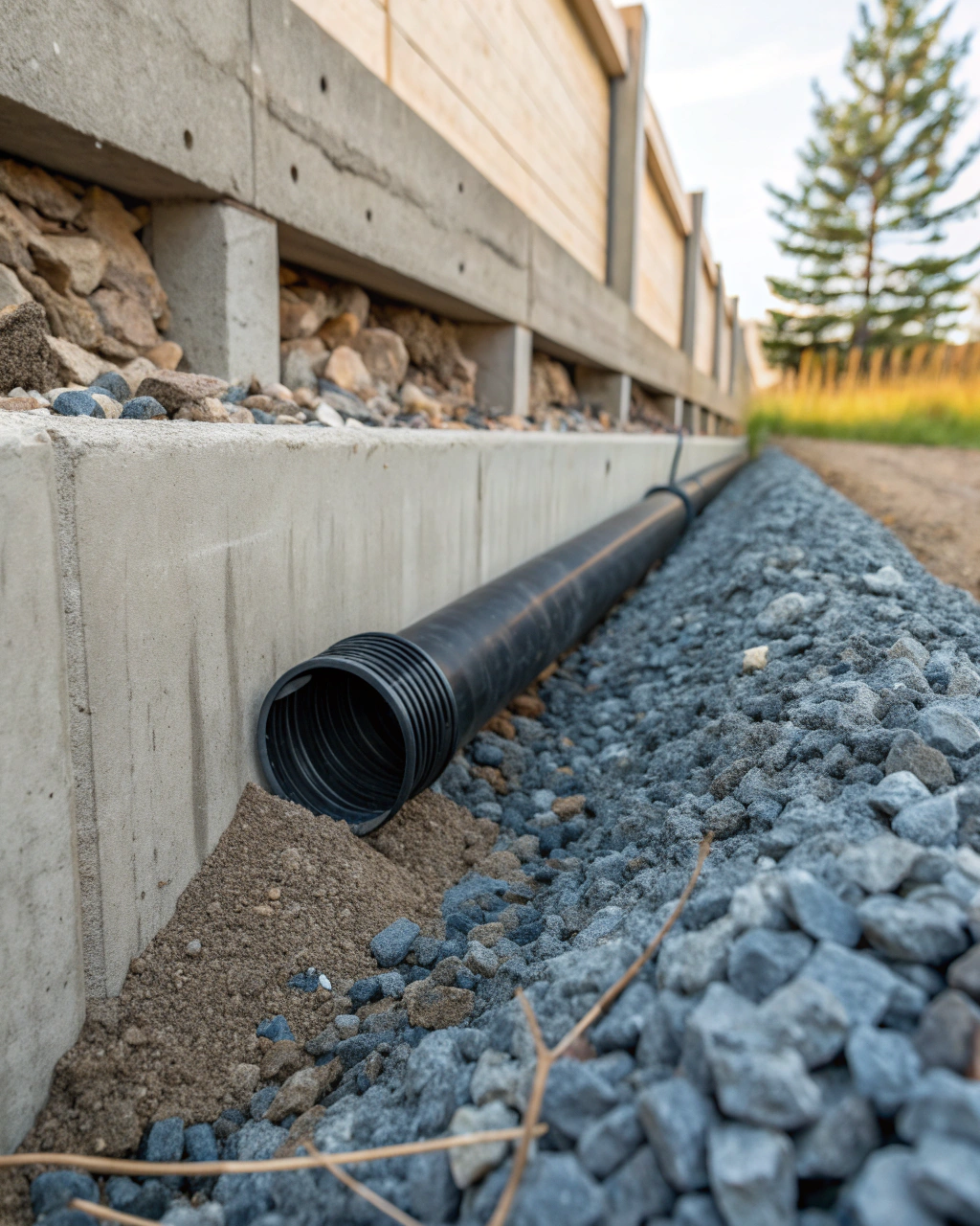 Agricultural drainage pipe and blue metal aggregate behind retaining wall Rockhampton