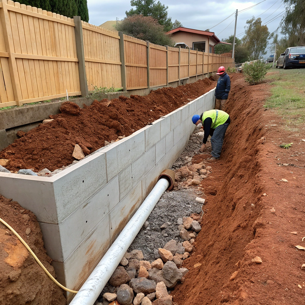 Concrete sleeper retaining wall showing drainage pipe and gravel backfill installation in Rockhampton