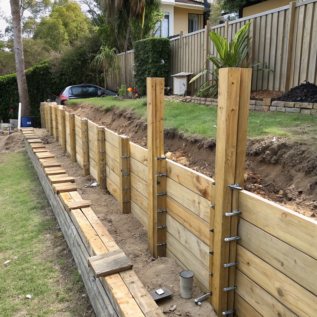 H5 treated pine timber retaining wall installation Rockhampton with vertical posts and horizontal sleepers