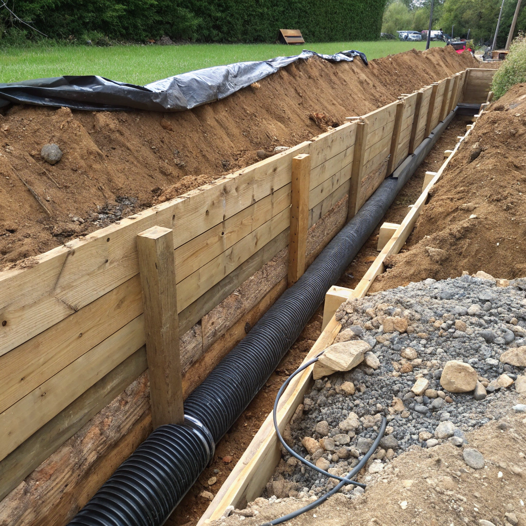 Proper drainage system installation behind timber retaining wall showing agricultural pipe and gravel layer